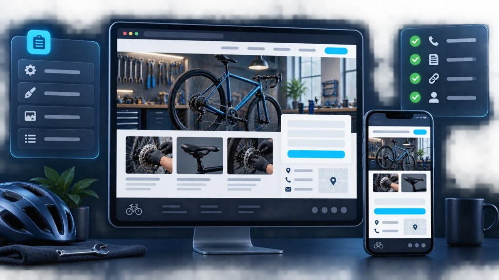 Illustrative bicycle repair White Page on desktop and mobile with pre-launch checks